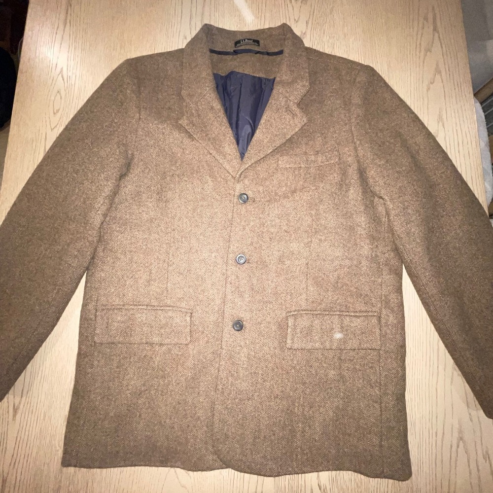 L.L. Bean Shetland Wool Insulated Blazer Brown Herringbone Sport Coat 44 Tall